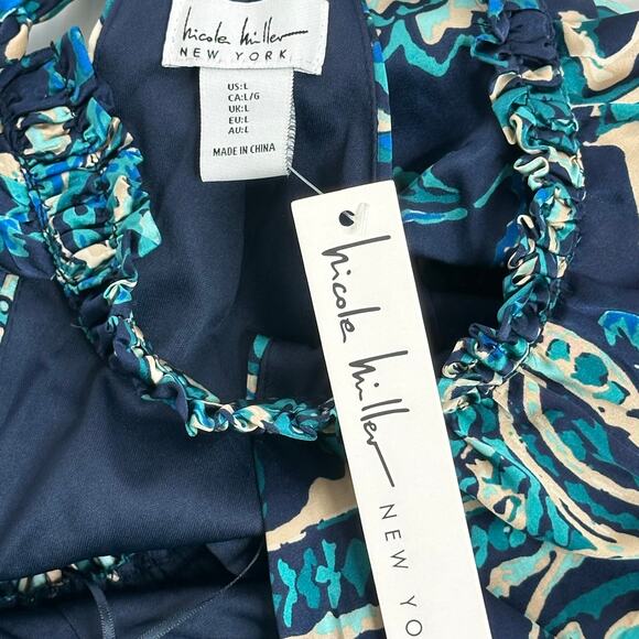 NWD Nicole Miller Blue Halter Neck Silk Feel Midi Dress Womens Size Large L NEW - Picture 6 of 10